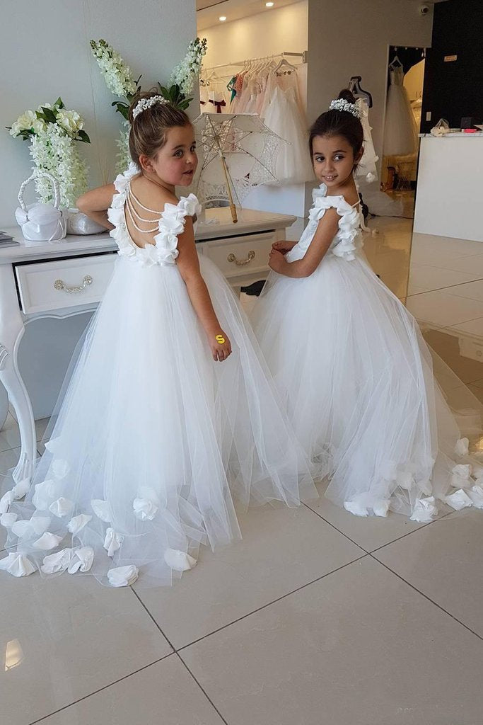 Cute Off White Tulle Backless Flower Girl Dresses with Pearl Lace Baby Dresses WK878