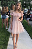 Cute Off the Shoulder Pink Tulle Short Homecoming Dresses with Lace H1180