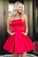 Cute Red Short Prom Dresses with Pockets Strapless Above Knee Satin Homecoming Dresses H1148