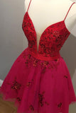 Cute Red Spaghetti Straps V Neck Tulle Beaded Short Prom Dresses Homecoming Dresses H1117