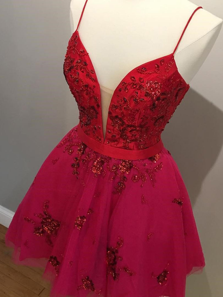 Cute Red Spaghetti Straps V Neck Tulle Beaded Short Prom Dresses Homecoming Dresses H1117