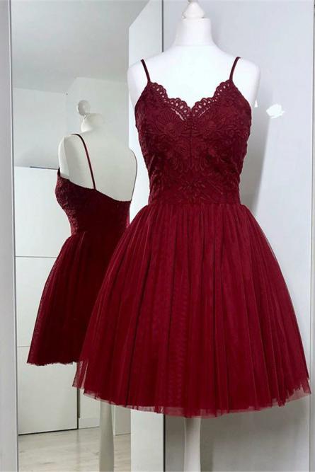Cute Spaghetti Straps Burgundy Tulle Short Prom Dress with Lace, Homecoming Dresses PW859