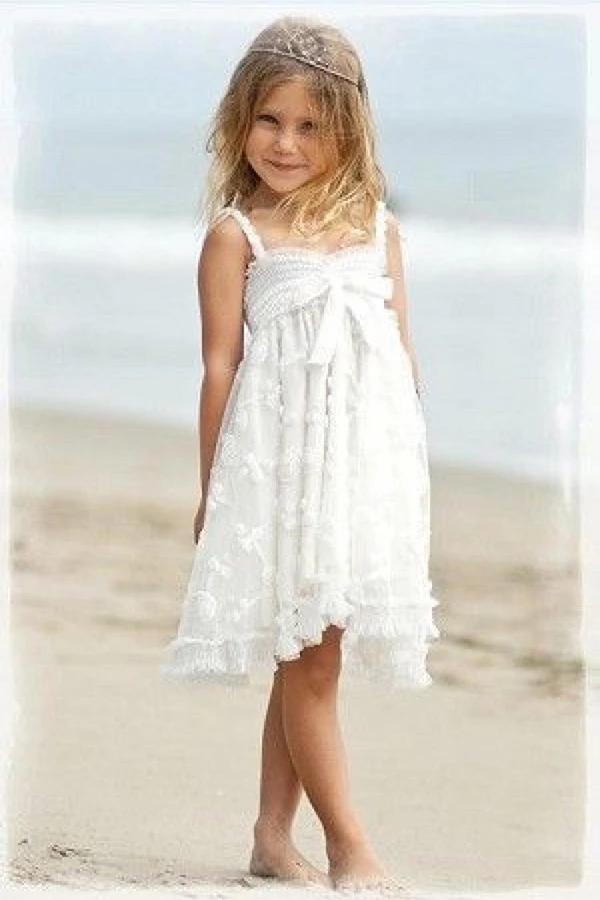 Cute Spaghetti Straps Sleeveless Ivory With Bowkont Lace Beach Flower Girl Dresses FG1008