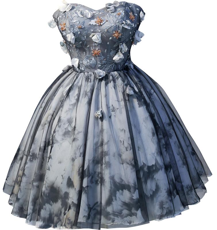 Cute Sweetheart Gray Strapless Beads Lace up Tulle Homecoming Dresses with Flowers H1128