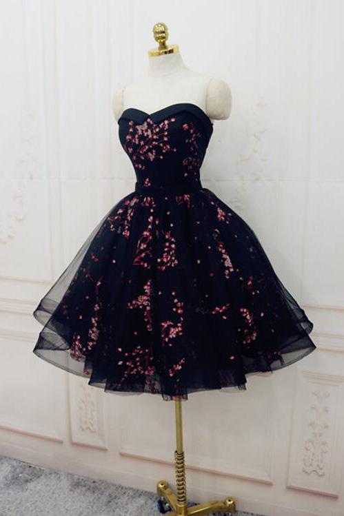 Cute Sweetheart Lace up Navy Blue Strapless Homecoming Dresses Short Prom Dresses H1114