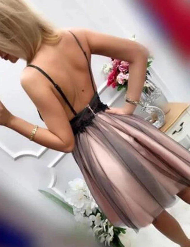 Cute V Neck Short Black Lace Spaghetti Straps Prom Dresses Backless Homecoming Dress H1223