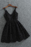 Cute Black Spaghetti Straps Homecoming Dresses Sweetheart Lace Short Prom Dresses H1058