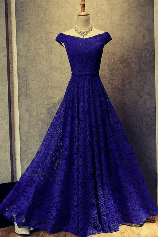 Simple Royal Blue A-Line Lace Off-the-Shoulder Lace up Hollow Prom Dresses WK453