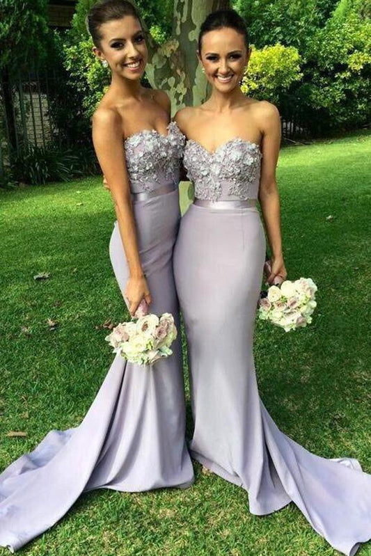 Elegant Long Mermaid Light Grey Sweetheart Appliques Beaded Sleeveless Bridesmaid Dress WK582