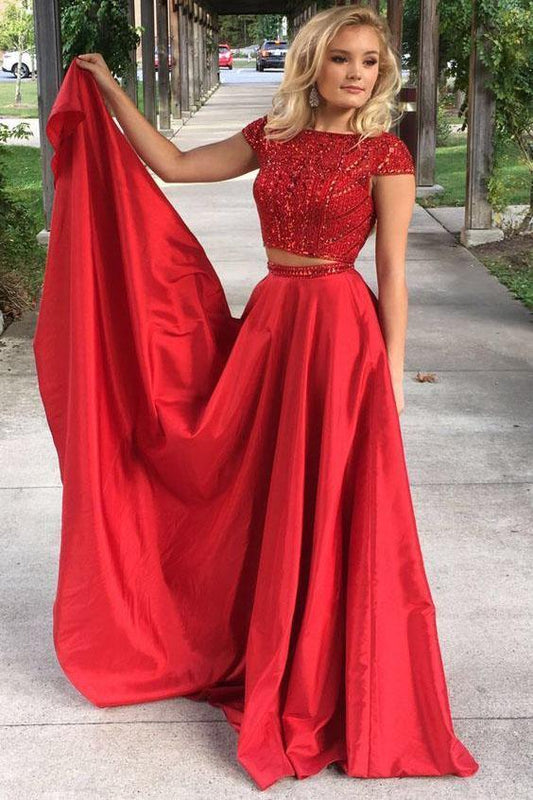 Elegant Red Two Pieces Beads Cap Sleeves Satin Evening Dresses Prom Dresses WK323