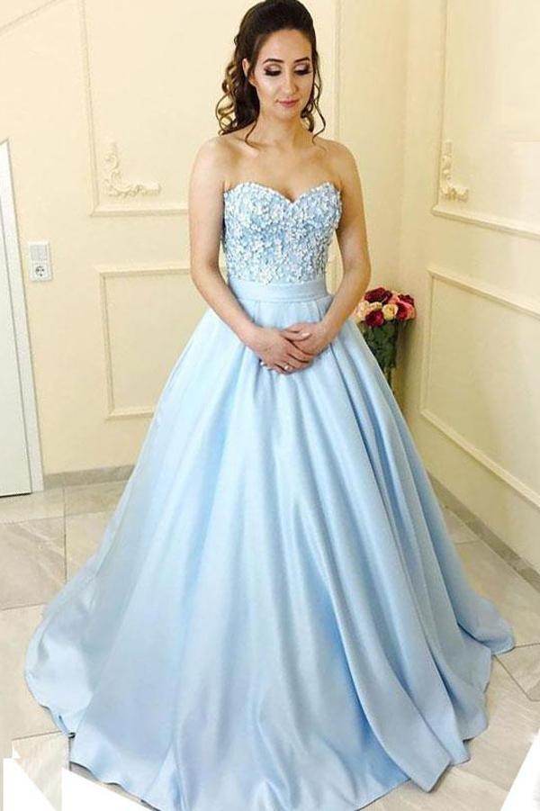 Blue Satin A-Line Princess Sweetheart Neck Strapless Lace up Long Sleeveless Prom Dresses WK286