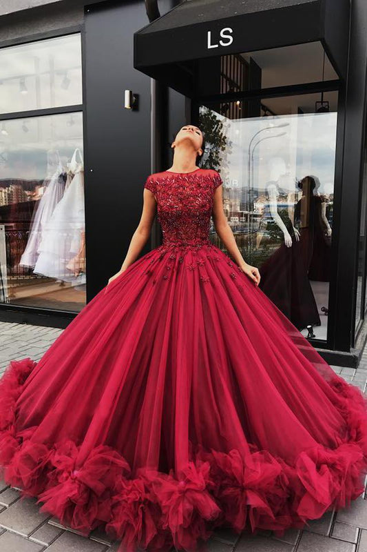 Red Tulle Appliques Ball Gown Round Neck Prom Dress Sweet 16 Dresses Quinceanera Dresses