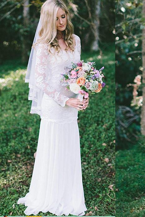 Lace Long Sleeve Beach Backless Outdoor Garden Handmade Women's Wedding Dress WK56