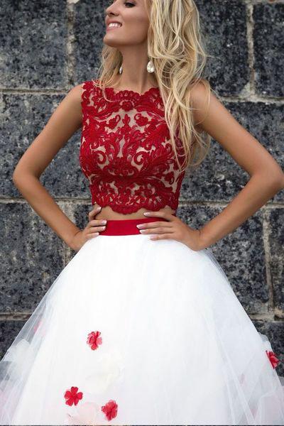 A-Line Applique White Light Long Bateau Sleeveless Two Piece lace Prom Dresses WK391