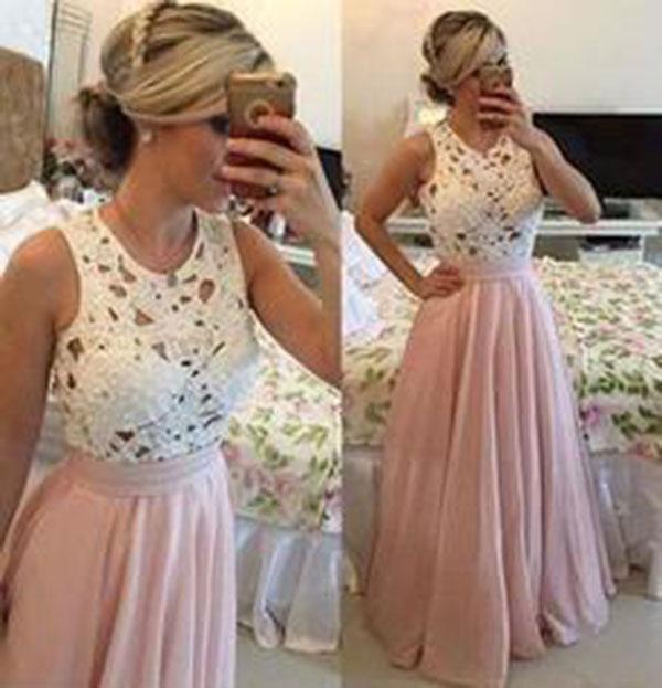 Gorgeous Lace Chiffon A-Line Formal Prom Gown With Pearls Blush Pink Long Prom Dresses WK134