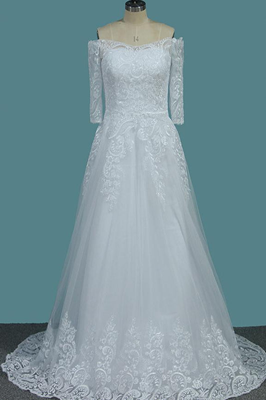 A Line White Off the Shoulder Half Sleeves Lace Appliques Tulle Wedding Dresses WK817