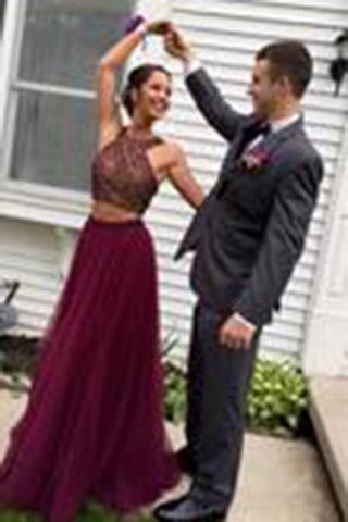 Stylish Burgundy Two Pieces A-line Beading Long Wedding Party Gown Cocktail Formal Wear pst1405