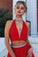 A Line Red Two Pieces V Neck Beads High Neck Slit Tulle Long Prom Dresses WK57