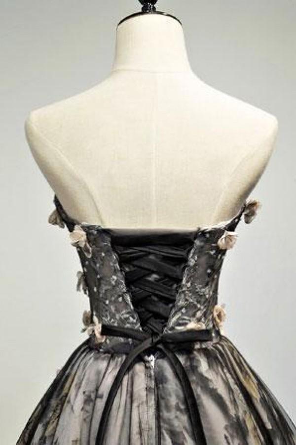 A Line Black Sweetheart Strapless with Flowers Tulle Short School Dress Homecoming Dress WK886