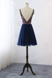 Dark Blue V Neck Lace Tulle Short Prom Dresses Floral Print Backless Homecoming Dress H1027