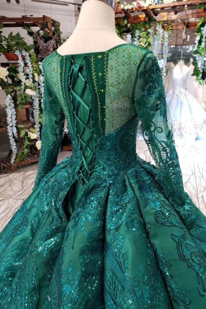 Dark Green Long Sleeves Ball Gown Prom Dress with Beads Lace up Quinceanera Dresses WK972
