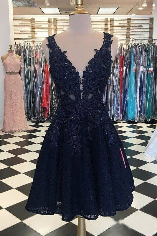 Dark Navy Lace Homecoming Dresses V Neck Appliqued Cheap Short Prom Dresses WK948