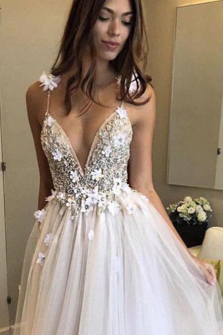 Deep V Neck Beads Prom Dresses Straps Tulle Appliques A-line Beach Wedding Dress WK667