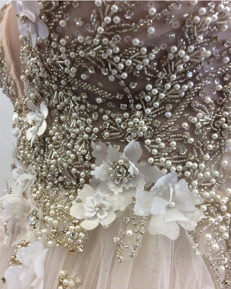 Deep V Neck Beads Prom Dresses Straps Tulle Appliques A-line Beach Wedding Dress WK667