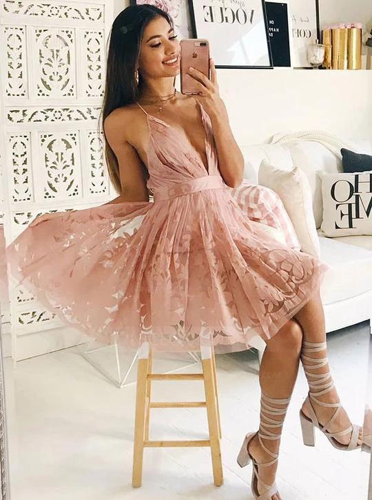 Deep V Neck Pink Lace Spaghetti Straps Ruffles Homecoming Dresses Short Prom Dress H1279