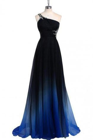 Dreamy A-line One Shoulder Sweep Train Chiffon Prom/Evening Dresses With Beads WK854