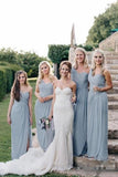 Flowy Long one Shoulder Cheap Dusty Blue Chiffon Bridesmaid Dresses with Slit WK988