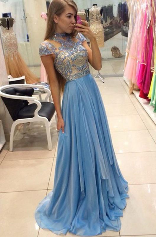 Hot Selling Beading Bodice A-Line Short Sleeves Empire Waist Long Prom Dresses WK157