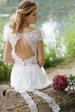 A Line Chiffon White Lace Appliques Cap Sleeve Open Back Scoop Long Wedding Dresses WK24