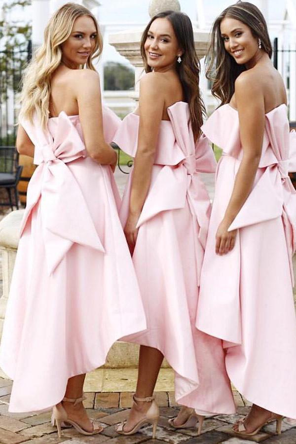 A Line Unique Strapless High Low Pink Satin Bridesmaid Dresses with Bowknot WK14