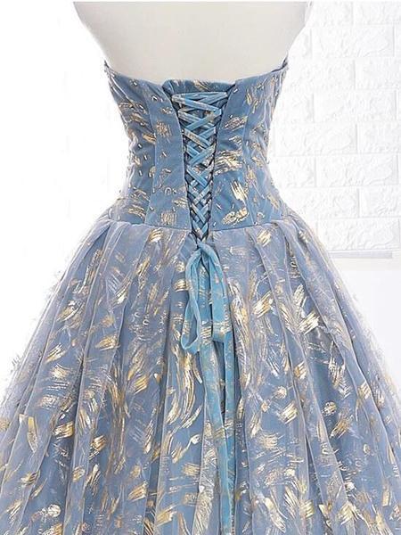 Elegant A Line Blue Tulle Long Strapless Lace up Gold Evening Dress Prom Dresses WK223