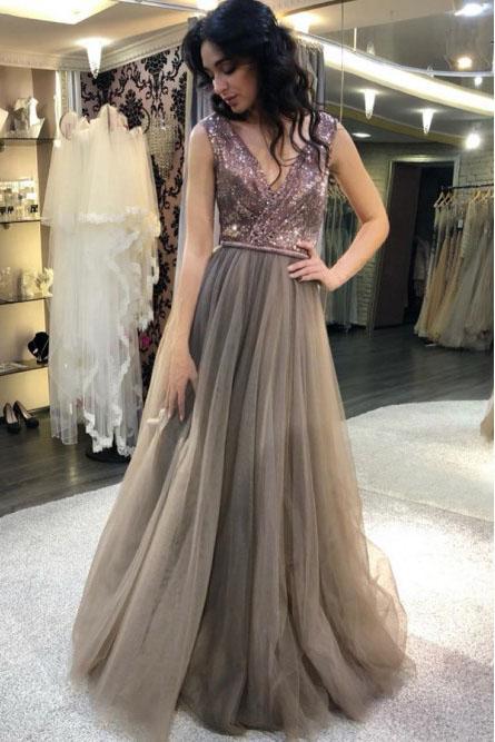 Elegant A Line Gray V Neck Tulle And Sequin Prom Dresses Long Party Dresses WK973