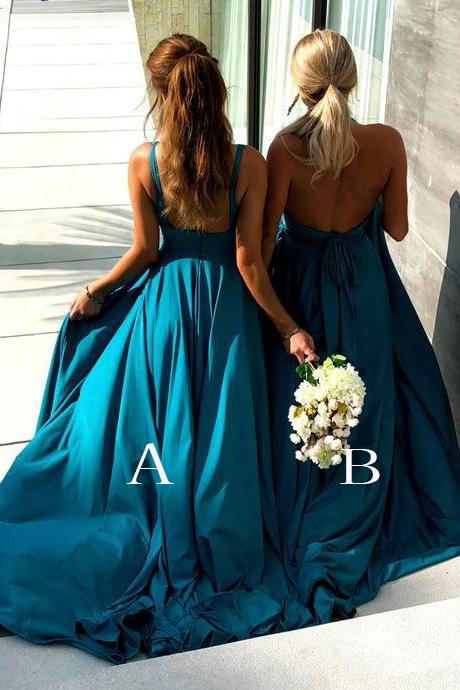 Elegant A Line Mermaid Deep V Neck Long Blue Backless Bridesmaid Dresses WK958
