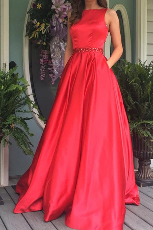 Elegant A Line Red Long Prom Dress Evening Dress with Open Back Pockets WK361