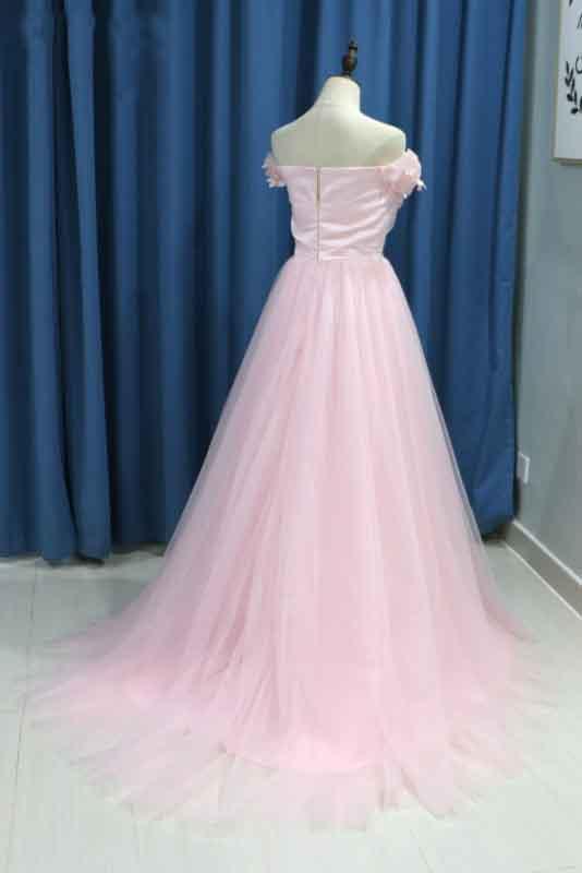 Elegant A line Pink Tulle Prom Dresses with Flowers Off the Shoulder Belt Evening Dress WK749