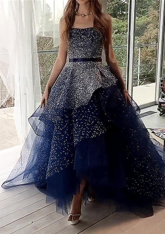 Elegant Ball Gown Navy Blue Strapless Prom Dresses Long Cheap Formal Dresses P1111