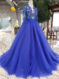 Elegant Blue Tulle Deep V Neck Long Sleeve Beads Ball Gown Prom Dresses with Lace up WK786