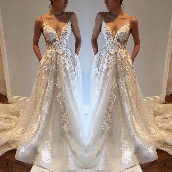 Elegant Ivory Spaghetti Straps Tulle Lace V Neck Wedding Dresses With Pockets WK718