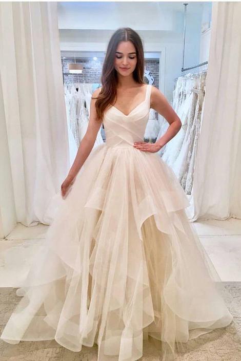 Elegant Ivory Tulle V Neck Spaghetti Straps Wedding Dresses Long Cheap Prom Dresses P1024
