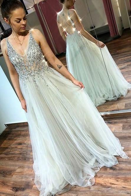 Elegant Rhinestones Bodice Prom Dresses with Tulle V Neck Backless Formal Dresses WK484