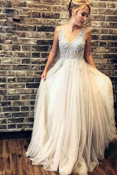Elegant Rhinestones Bodice Prom Dresses with Tulle V Neck Backless Formal Dresses WK484