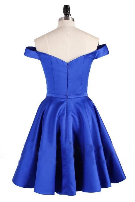 Elegant Satin Off the Shoulder Short Length A line V Neck Blue Homecoming Dresses H1137