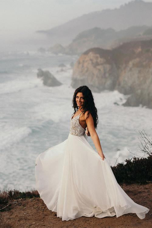 Elegant Spaghetti Straps V Neck Chiffon Backless Beach Wedding Dresses Bridal Gowns W1101