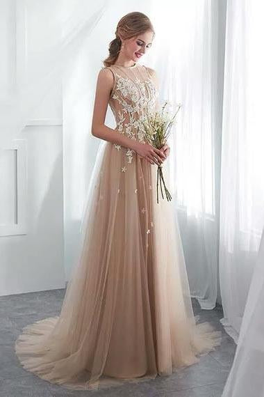Elegant Tulle Sleeveless Prom Dresses Long Lace Appliques High Neck Evening Gowns WK508