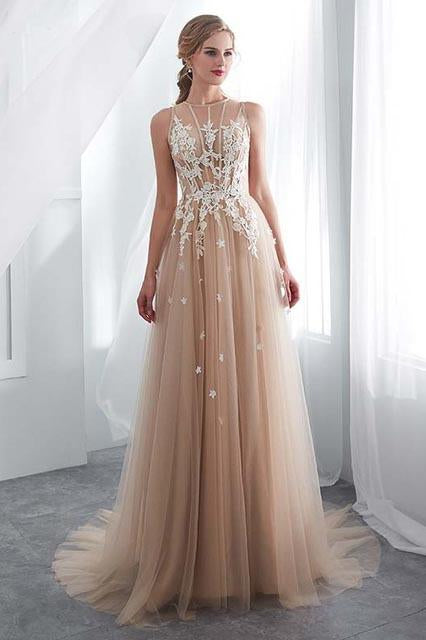 Elegant Tulle Sleeveless Prom Dresses Long Lace Appliques High Neck Evening Gowns WK508
