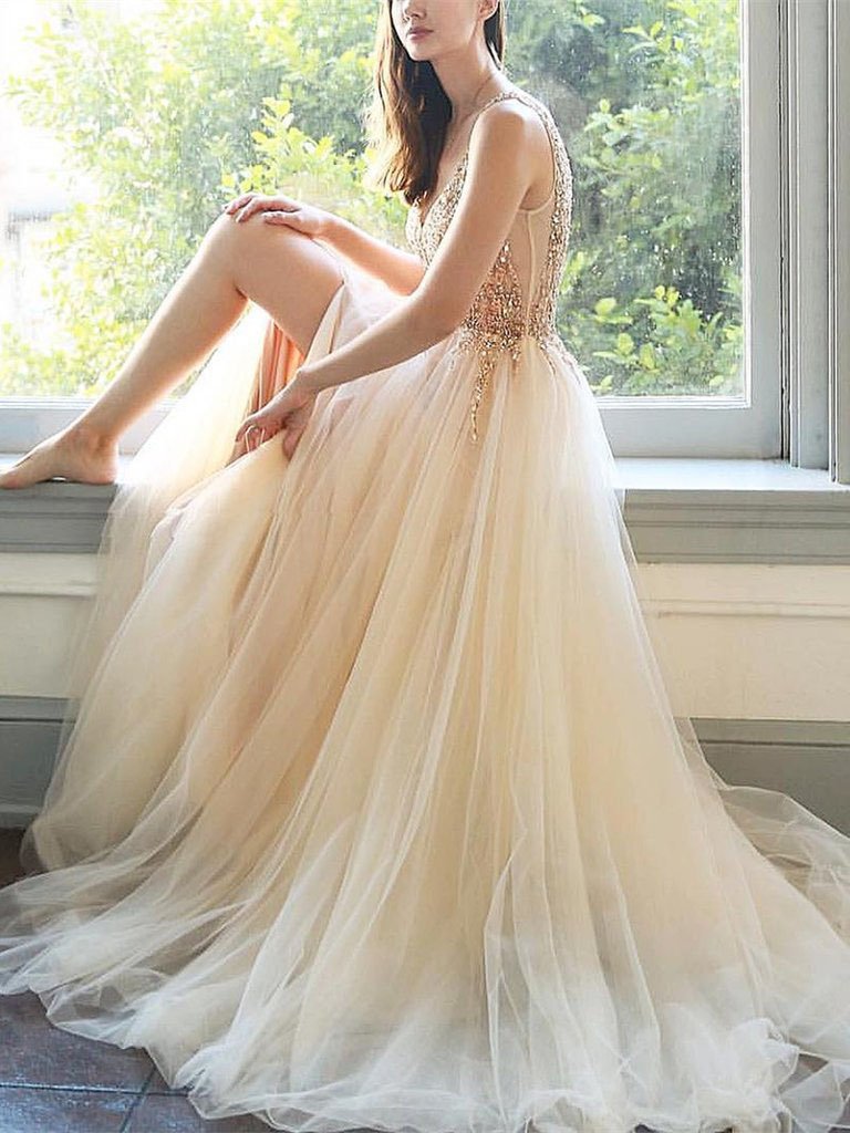 Elegant Tulle V Neck Beaded Rhinestones A-line Prom Gowns Slit Long Prom Dresses WK530
